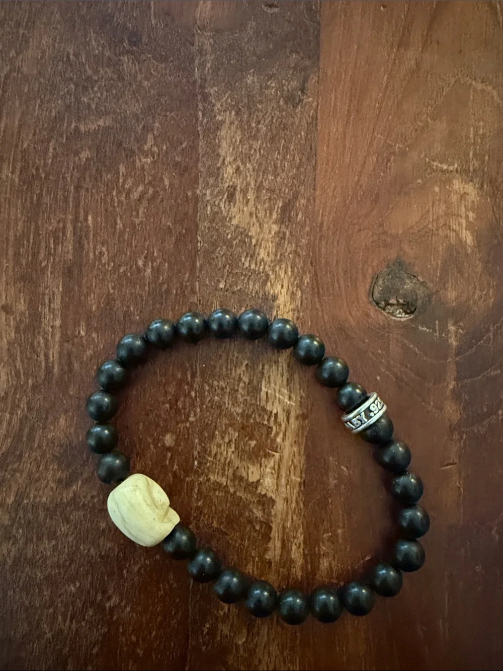 King Baby Studio Black Bead Bracelet with Cream Skull and Silver Accent
